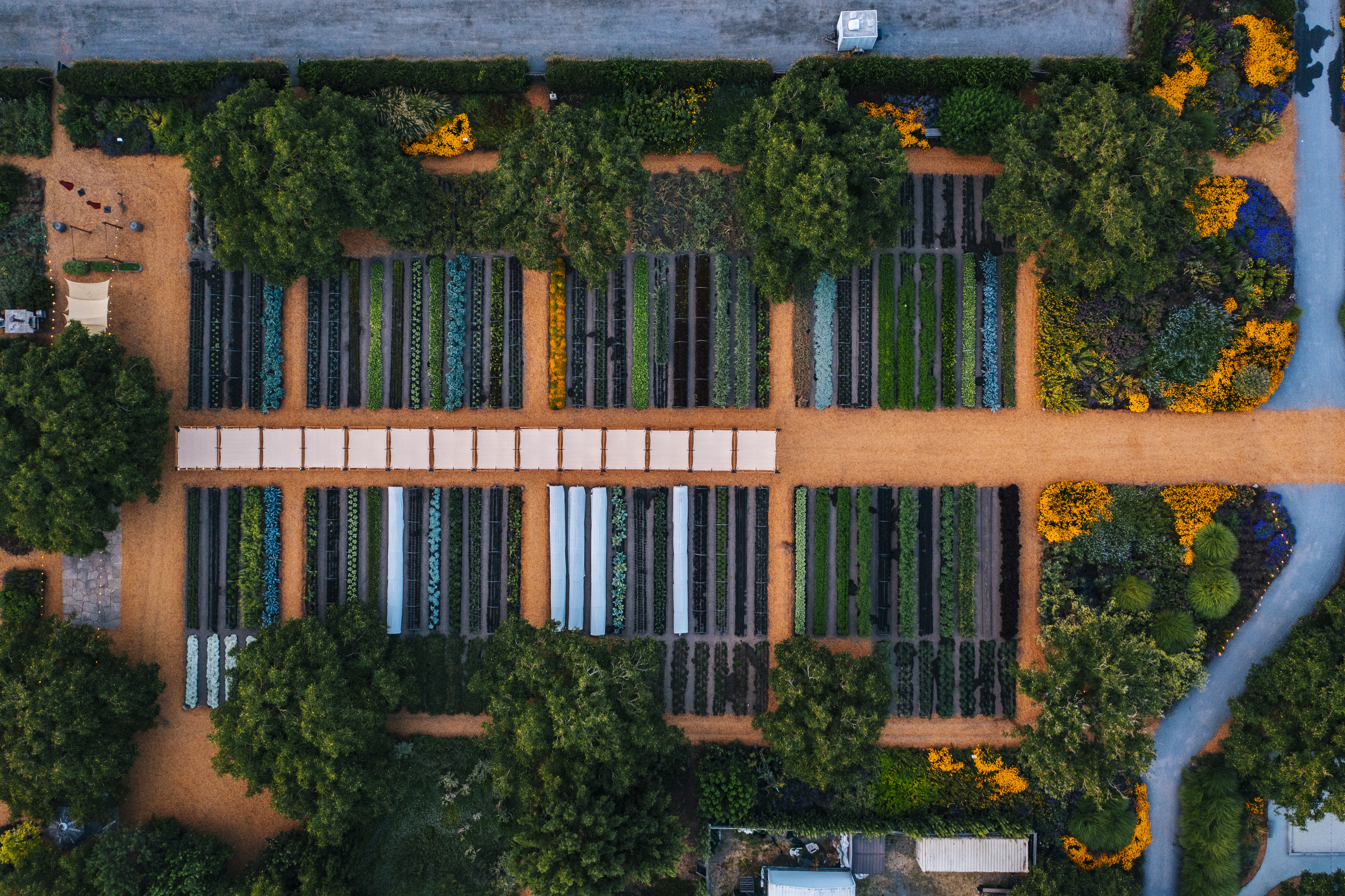 Overhead drone shot of the Kendall-Jackson Culinary Gardens